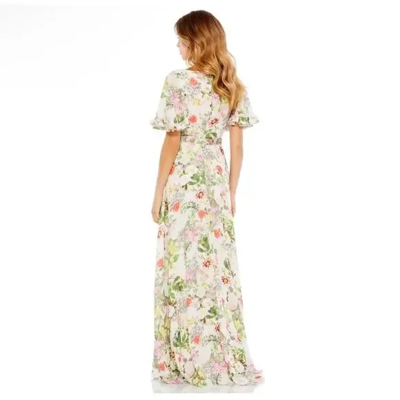 Mac Duggal Floral Print Faux Wrap Flutter Sleeve A Line Gown Floral SIze 12 9079 - Picture 4 of 14